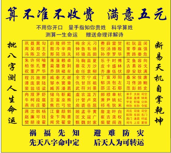 喷绘广告画1张 姓氏卡片全套12张 测姓技术资料1份 八字算命运技术